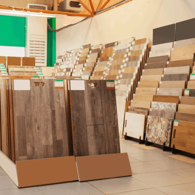 Showroom display with different flooring samples including wood and tile options
